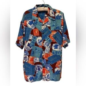 CACTUS Black Label Men's sz. Large Blue Hawaiian Stamp Collection Shirt